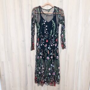 Esley Embroidered Sheer Floral Dress Small Black Long Sleeve Romantic Cottage